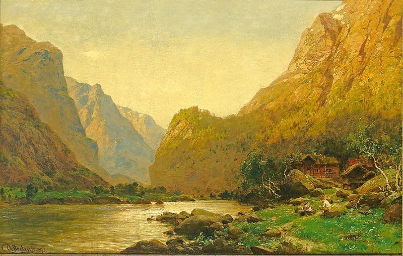 Romantische Flusslandschaft mit Personenstaffage an einem prachtvollen Sommertag